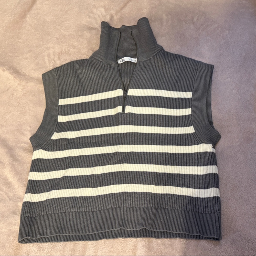 Zara Gray and Cream Striped Sweater Vest